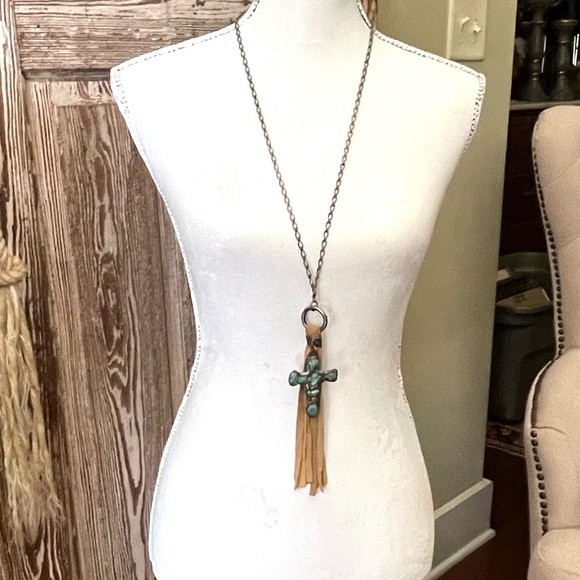 NEW Jamie Dietrich Silver Turquoise Cross Tan Tassel Stainless Steel Necklace - Picture 10 of 14